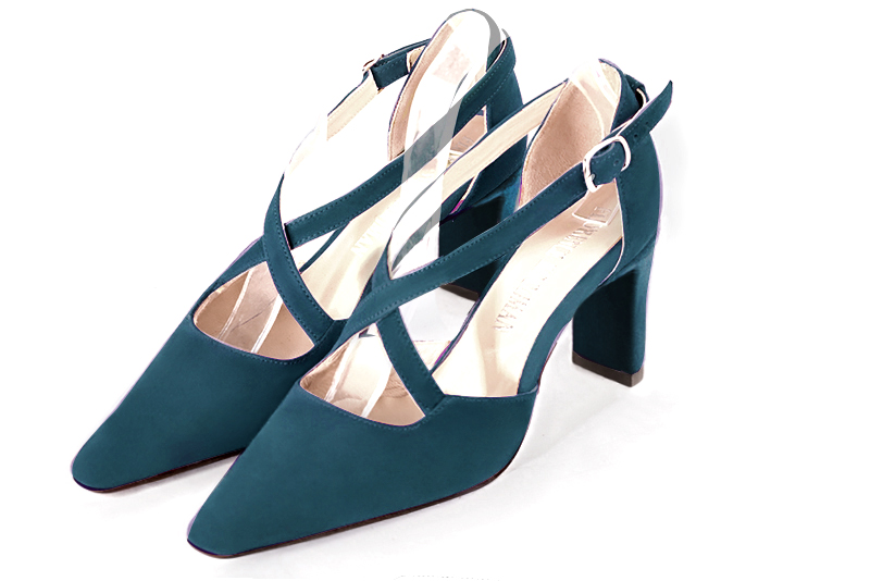 Peacock blue women's open side shoes, with crossed straps. Tapered toe. High comma heels - Florence KOOIJMAN